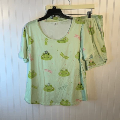 Feifeiyu Shorts Pajama Set Women’s 2Xlarge Green Frog Dragonfly Pocketed Stretch - Photo 1/4