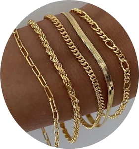 14K Gold Bracelets for Women Jewelry Set Tennis Beaded Cuban Link Dainty Gift - Picture 1 of 12