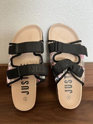 Sandalia de playa Justice plantilla de corcho ajustable sin cordones negra tobogán niñas talla 4 Foto 1 de 4