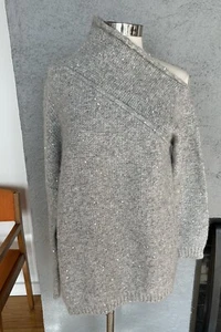 ROSSOPURO MADE IN ITALY GEOMETRIC COWEL NECKLINE SILVER GREY AND SEQIN PULLOVER - Picture 1 of 12