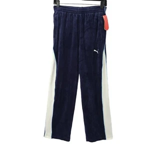Puma Velour Track Pants Boys L Elastic Waist Drawstring Blue White Stripe NEW - Picture 1 of 15