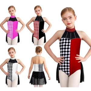 Girls Bodysuit Color Block Dancewear Clown Leotard Skirt Patchwork Jumpsuit - Picture 1 of 55