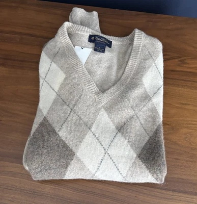 Brooks Brothers 100% 纯骆驼头发学院风棕褐色 Argyle V 领毛衣 L 码 — 第 1/2 张图片