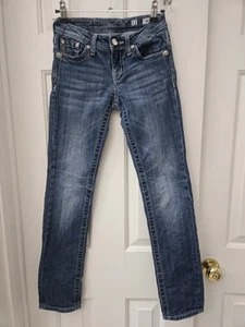 Miss Me girls skinny jeans Size 12 med blue rhinestone bling 24x28 straight leg - Picture 1 of 15