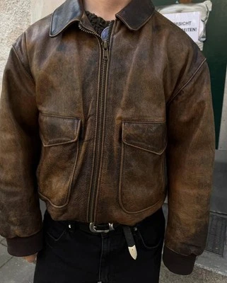 Men’s Vintage Aviator Real Leather Jacket Brown Distressed B2 Bomber Jacket - Image 1 of 4