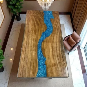 Artisan Sky Blue Epoxy Resin Table | Live Edge Wood Slab | Modern Furniture - Picture 1 of 7