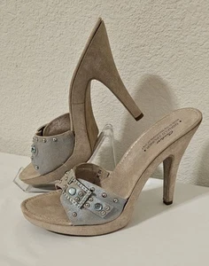Donald J. Pliner Beige Suede Heels Blue Rhinestones Buckle Italy Size 10 M - Picture 1 of 13