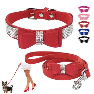 Rhinestone Bowtie Dog Collar & Leash Soft Suede Leather Cat Puppy Chihuahua XXS  - Image 1 of 4