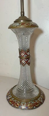 Antique ornate French enameled bronze champleve & glass electric table lamp - Image 1 of 4