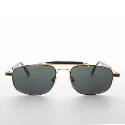 Black Rectangular Gold Pilot Sunglasses Green Lens - Chipper - Image 1 of 3