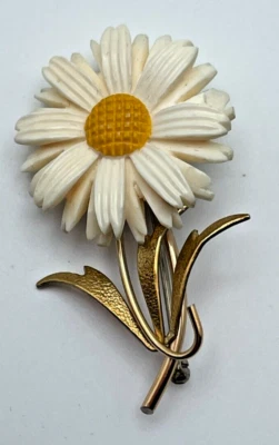 Broche prendedor vintage para mujer tono dorado blanco acrílico campo margarita flor Foto 1 de 4