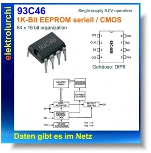 93C46 - EEPROM Serial 1K Bit, IC DIP8, SGS Thomson 3pcs - Picture 1 of 2