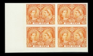 CANADA #51P; 1¢ VICTORIA JUBILEE INDIA PAPEL PRUEBA EN BLOQUE DE TARJETA DE 4 - Imagen 1 de 2