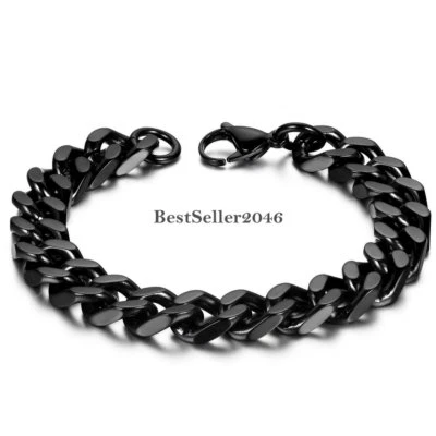 Grueso Para Hombres Negro Acero Inoxidable 11MM Ancho Bordillo Cubano Cadena Motociclista Pulsera 8.7" Foto 1 de 4