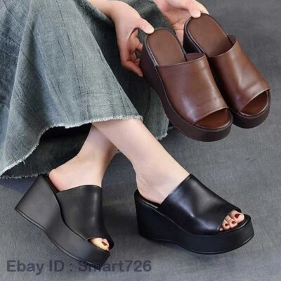 Slipper Pumps Women Genuine Leather Platform Wedge Open Toe High Heel Sandals - Image 1 of 4