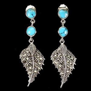 Round Blue Turquoise 5mm Marcasite 925 Sterling Silver Leaf Earrings