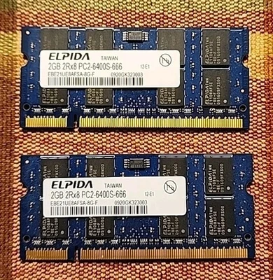 4GB 2x2GB Elpida PC2-6400S-666 DDR2-800MHz 2Rx8 Laptop RAM Memory - Image 1 of 4