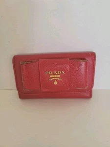 PRADA Leather Logo Wallet Small Pink Saffiano Compact Key Case Hooks Holder Bow - Picture 1 of 9