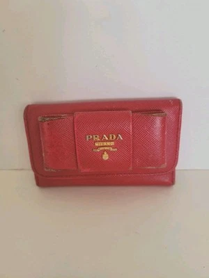 PRADA Leather Logo Wallet Small Pink Saffiano Compact Key Case Hooks Holder Bow - Image 1 of 4