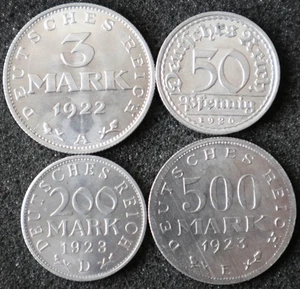 50 Pf., 3, 200, 500 Mark 1920-1923 - Mint A,A,D,E- Lot of 4 Germany coins -#R960 - Picture 1 of 5