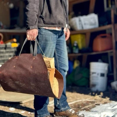 Portador de troncos de cuero, portador de leña, accesorio de chimenea de cuero, hecho a mano Foto 1 de 4
