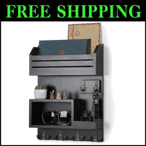 Versatile Wall-Mounted Key and Mail Organizer with Double Hooks - Rustic Charm - Picture 1 of 8