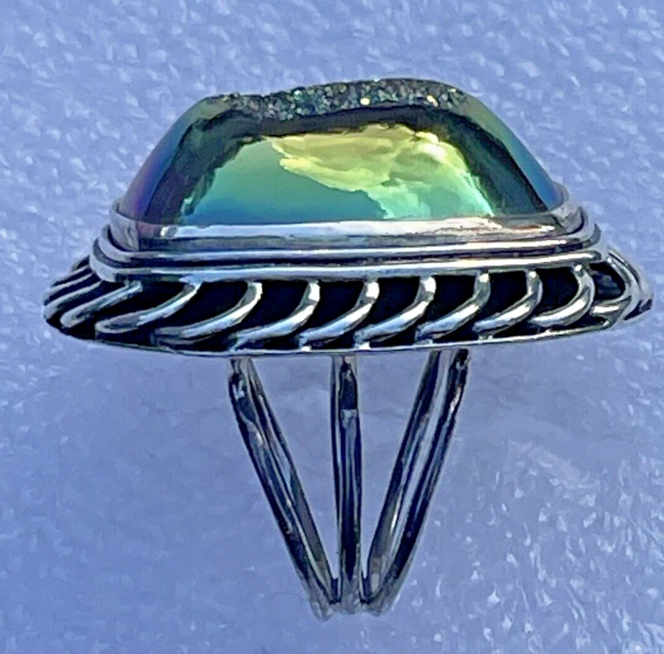 Peacock PJC Drusy Quartz Ring Gem Essence Sterling Silver Braiding  Size 6 - Image 1 of 4