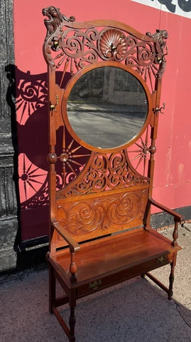 RARE Antique Victorian Lion Carved Hall Tree Seat Fretwork Stick Ball Shipping👍 Cover