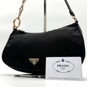 PRADA Triangular Logo Plate Hand Bag Shoulder Bag Tessuto Nylon Leather Black - Picture 1 of 12