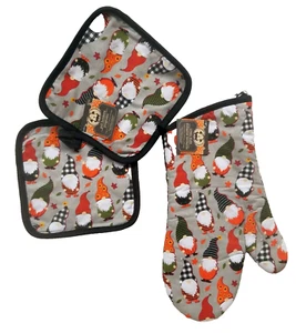 SET CUCINA STAMPATO 3 pezzi: 2 porta pentole e 1 guanto da forno, gnomi di halloween, nero, GR - Foto 1 di 20
