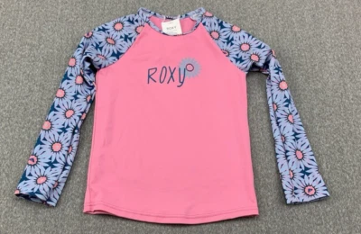 Roxy Girl Rashguard Swimsuit Top Girls size 4 Pink Floral Large Logo UPF Surfer - Image 1 of 4