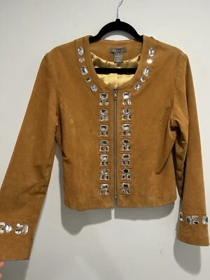 Kenar женщин желтовато-коричневый замшевая куртка со стразами / размер 12 (подходит маленький-средний) - Изображение 1 из 3