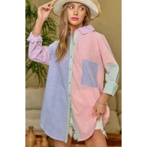 Davi & Dani Mehrfarbiges Seersucker Oversized Button Down Hemd Größe Small - Bild 1 von 6