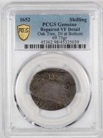 PCGS VF Detail 1652 Oak Tree Massachusetts Silver Shilling IN at Bottom 69.75gr Cover