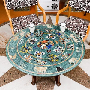 36" Green Marble Coffee Corner Center Table Top Mosaic Inlay Elephant Work Decor - Picture 1 of 9