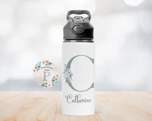 Personalised Floral Teal Initial Metal Water Drinks Bottle Spill Proof Bottle - Picture 1 of 3