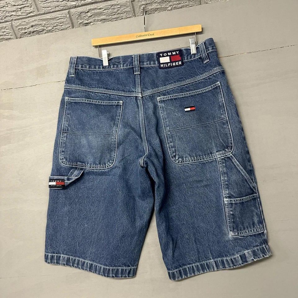 Pantalones Cortos Tommy Hilfiger Vintage Denim Carpintero Para Hombres 38 Logo Parche Lazo Jeans Foto 1 de 3