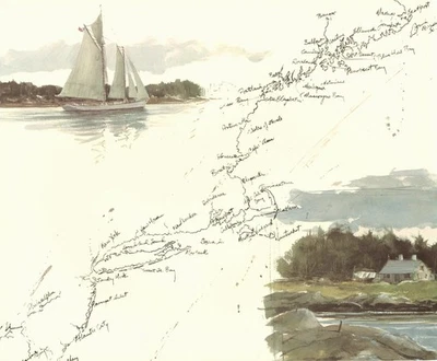 Mapa impreso Ray Ellis 1985 de colección Manana Island Maine velero acuarela de mar boceto Foto 1 de 3