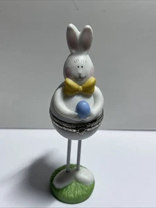 SGE Tall Easter Bunny With Blue Egg Porcelain Hinged Trinket Box No Egg Trinket - Picture 1 of 8
