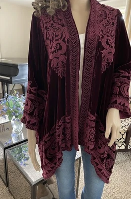 NEW JOHNNY WAS VELVET HEAVILY EMBROIDERED CARDIGAN KIMONO JACKET MEDIUM  $398 - Image 1 of 4