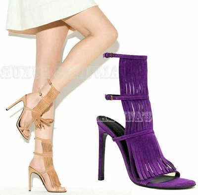 GUCCI SHOES BECKY PURPLE SUEDE FRINGED HIGH HEEL SANDAL $650 sz 36 US 6 - Image 1 of 4