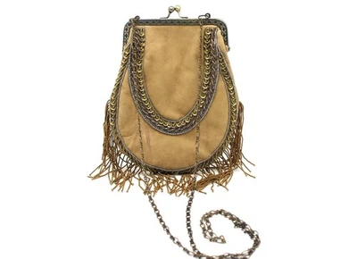 Free People Beaded Fringe Frame Kisslock Chain Crossbody Brown Suede Purse - Image 1 of 4