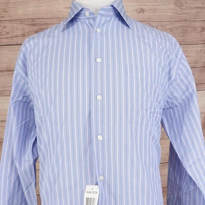 Nautica Shirt Mens 16.5 34/35 Blue Pink Stripe Button Down Dress Compact Cotton - Image 1 of 4