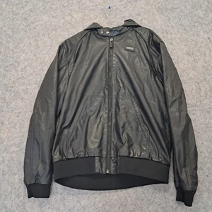 Ecko Unltd Jacket Mens XL Black Leather Look Full Zip Hood Biker Coat Y2K Retro - Picture 1 of 9