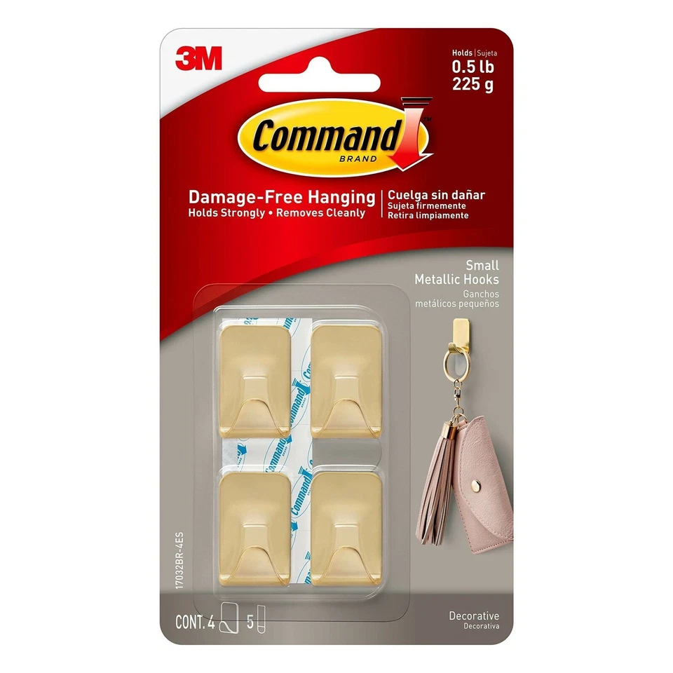 Command 4 Small Sized Plastic Hooks - Gold (17032BR-4ES)
