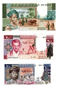 1975 1977 Mauritania 100 200 1000 Ouguiya Banknotes P3A 3B 3C low Serial 006076 - Picture 1 of 5