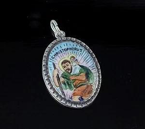 Alter kleiner Emaillierter Heiliger Christophorus Anhänger Gott schütze Dich - Bild 1 von 2
