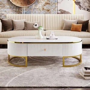 Modern Oval Coffee Table with Drawers,Curved Profile Design, Gold Metal Decor, C - Picture 1 of 11