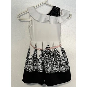 Knit Works Dress White with Black Pattern Bottom and Shoulder Pink Belt Girls 4 - Picture 1 of 5