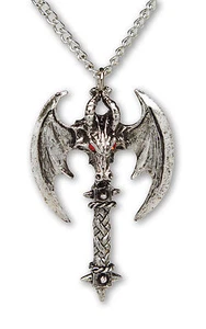 Dragon Head Battle Axe Necklace Red Crystal Eyes Silver Finish Pewter NK-127 - Picture 1 of 3